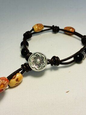 Handmade Leather Bracelet with Mandala Charm Button Closure & Mixed Beads